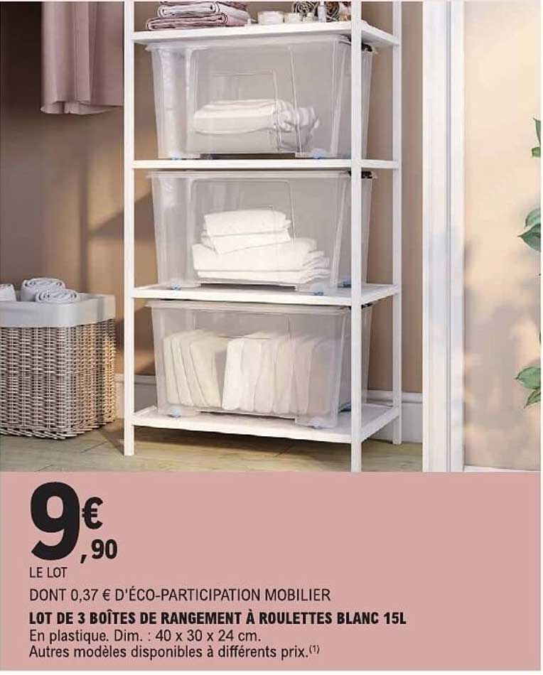 LOT DE 3 BOÎTES DE RANGEMENT À ROULETTES BLANC 15L