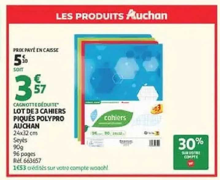 LOT DE 3 CAHIERS PIQUÉS POLYPRO AUCHAN