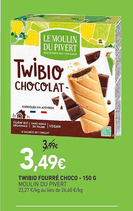 TWIBIO FOURRÉ CHOCO - 150 G MOULIN DU PIVERT