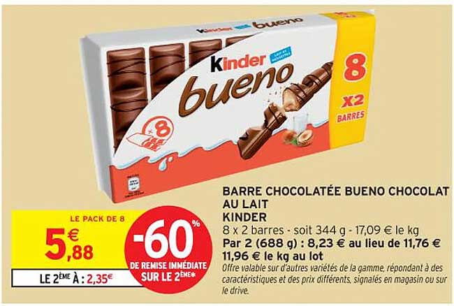BARRE CHOCOLATÉE BUENO CHOCOLAT AU LAIT KINDER