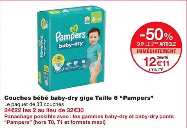 Couches bébé baby-dry giga Taille 6 "Pampers"