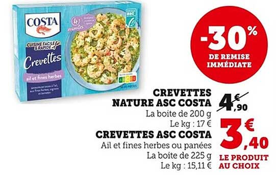 CREVETTES ASC COSTA AIL ET FINES HERBES OU PANÉES