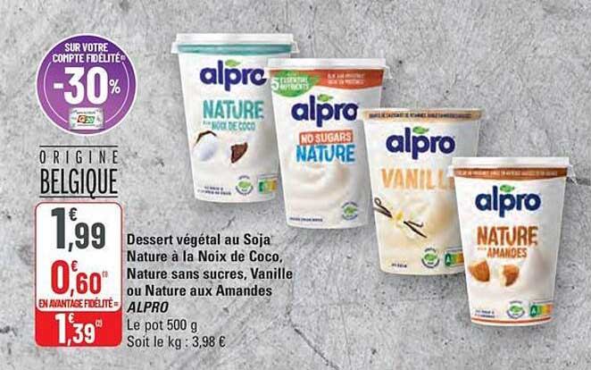 Dessert végétal au Soja Nature à la Noix de Coco, Nature sans sucres, Vanille ou Nature aux Amandes ALPRO