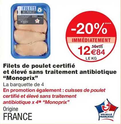 Filets de poulet certifié et élevé sans traitement antibiotique “Monoprix”