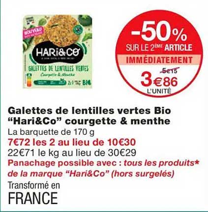 Galettes de lentilles vertes Bio "Hari&Co" courgette & menthe