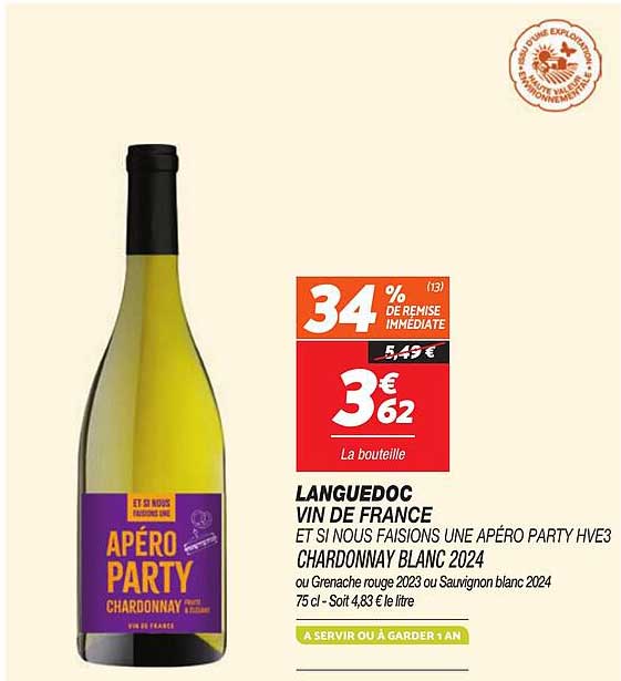 LANGUEDOC VIN DE FRANCE ET SI NOUS FAISONS UNE APÉRO PARTY HVE3 CHARDONNAY BLANC 2024