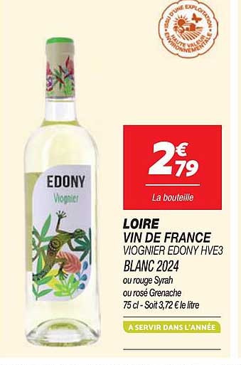 LOIRE VIN DE FRANCE VIOGNIER EDONY HVE3 BLANC 2024