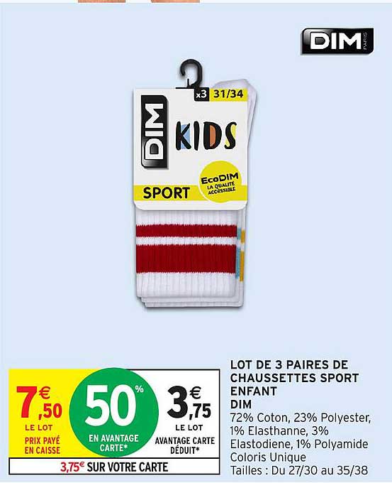 LOT DE 3 PAIRES DE CHAUSSETTES SPORT ENFANT DIM