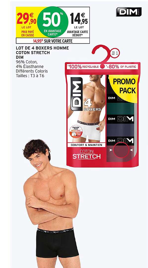 LOT DE 4 BOXERS HOMME COTON STRETCH DIM