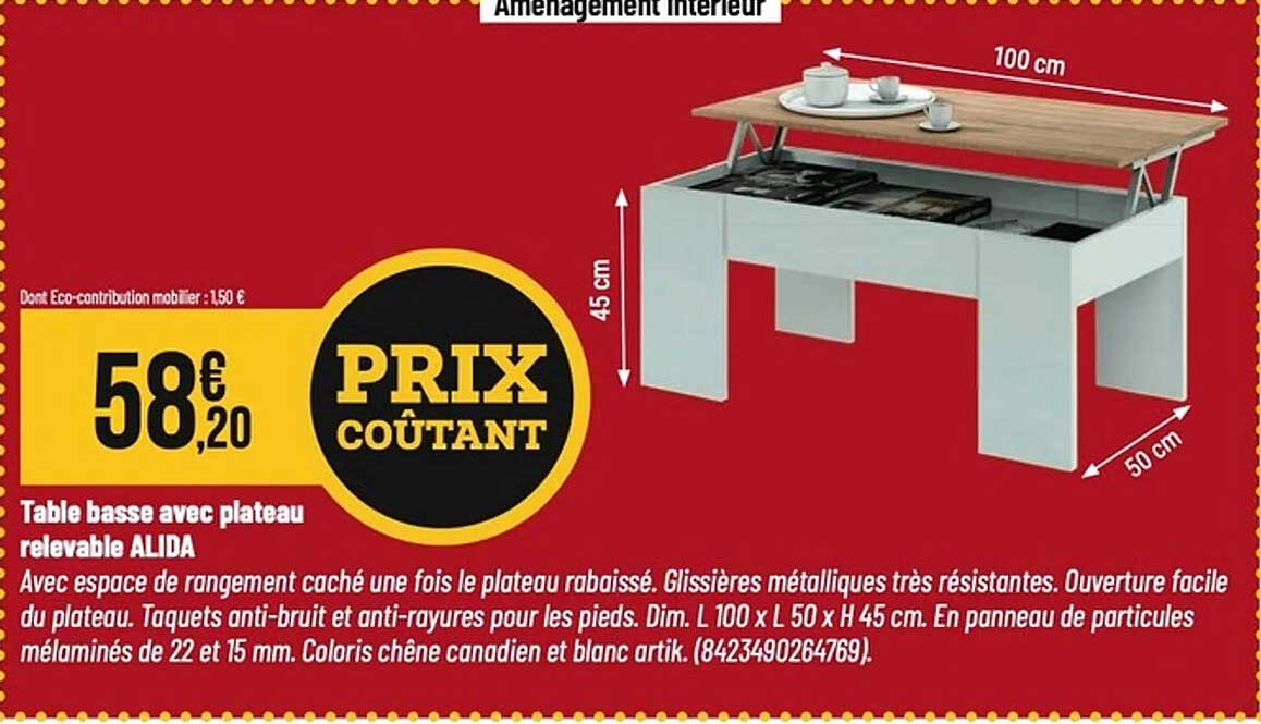 Table basse avec plateau relevable ALIDA