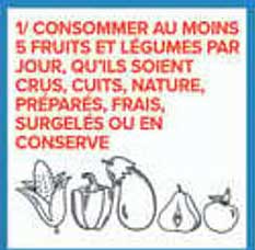 1/ CONSOMMER AU MOINS 5 FRUITS ET LÉGUMES PAR JOUR, QU’ILS SOIENT CRUS, CUITS, NATURE, PRÉPARÉS, FRAIS, SURGELÉS OU EN CONSERVE