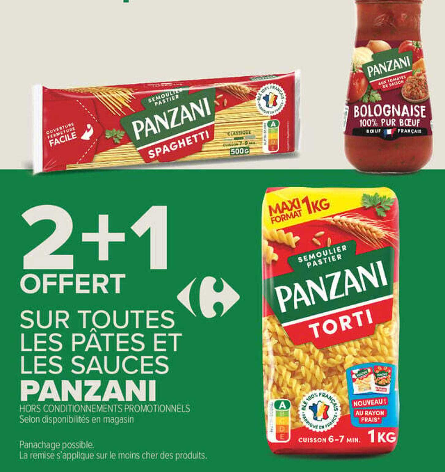 2 + 1 OFFERT SUR TOUTES LES PÂTES ET LES SAUCES PANZANI