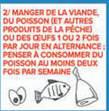 2/ MANGER DE LA VIANDE, DU POISSON (ET AUTRES PRODUITS DE LA PÊCHE) OU DES ŒUFS 1 OU 2 FOIS PAR JOUR EN ALTERNANCE : PENSER À CONSOMMER DU POISSON AU MOINS DEUX FOIS PAR SEMAINE