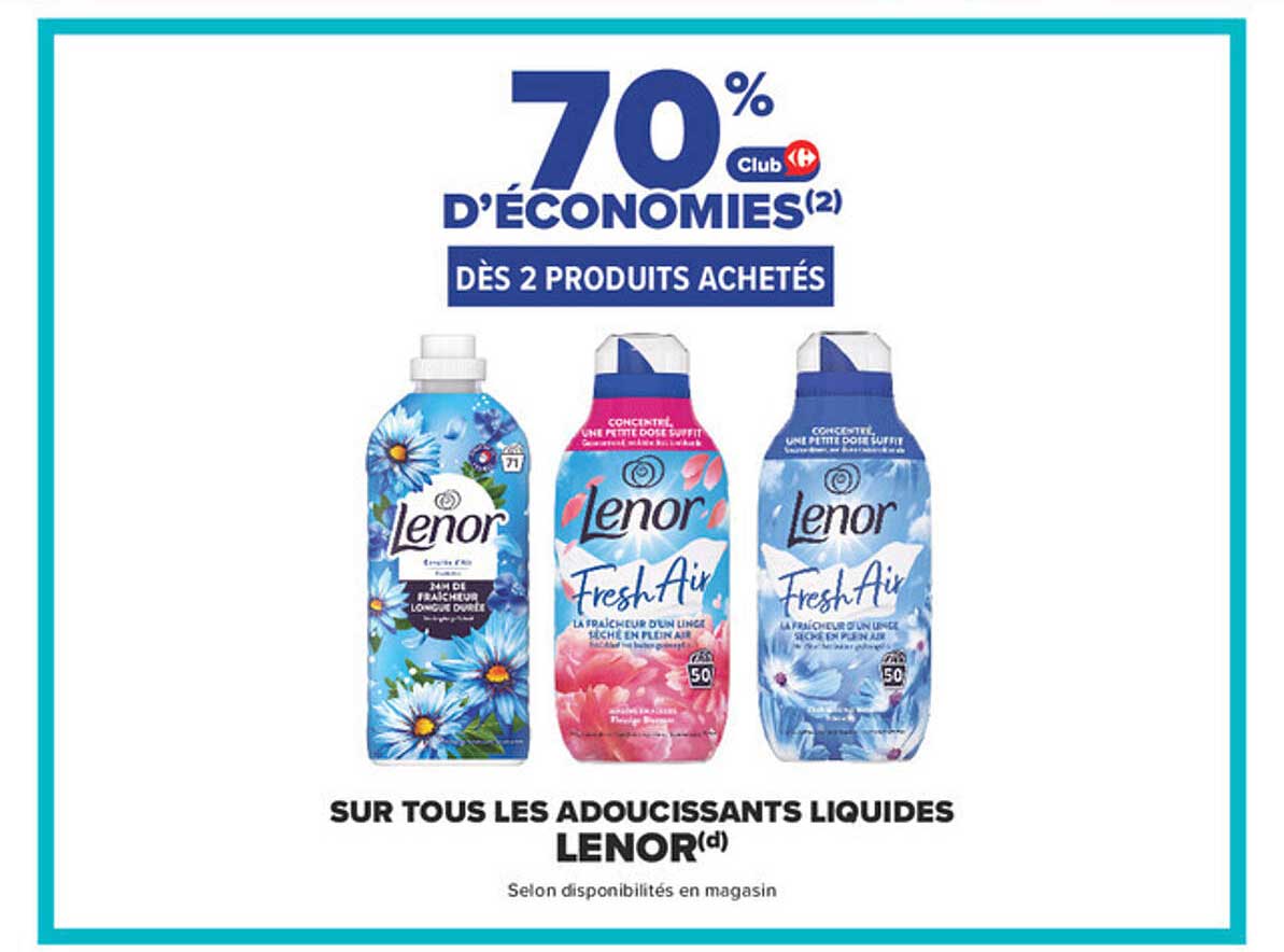 70% d’économies dès 2 produits achetés sur tous les assouplissants liquides Lenor