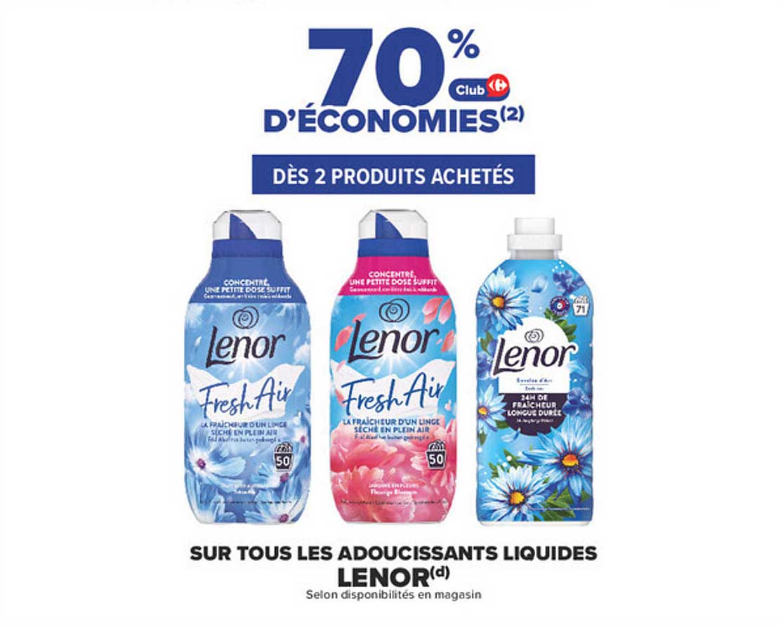 70% D’ÉCONOMIES(2) DÈS 2 PRODUITS ACHETÉS SUR TOUS LES ADOUCISSANTS LIQUIDES LENOR(d)
