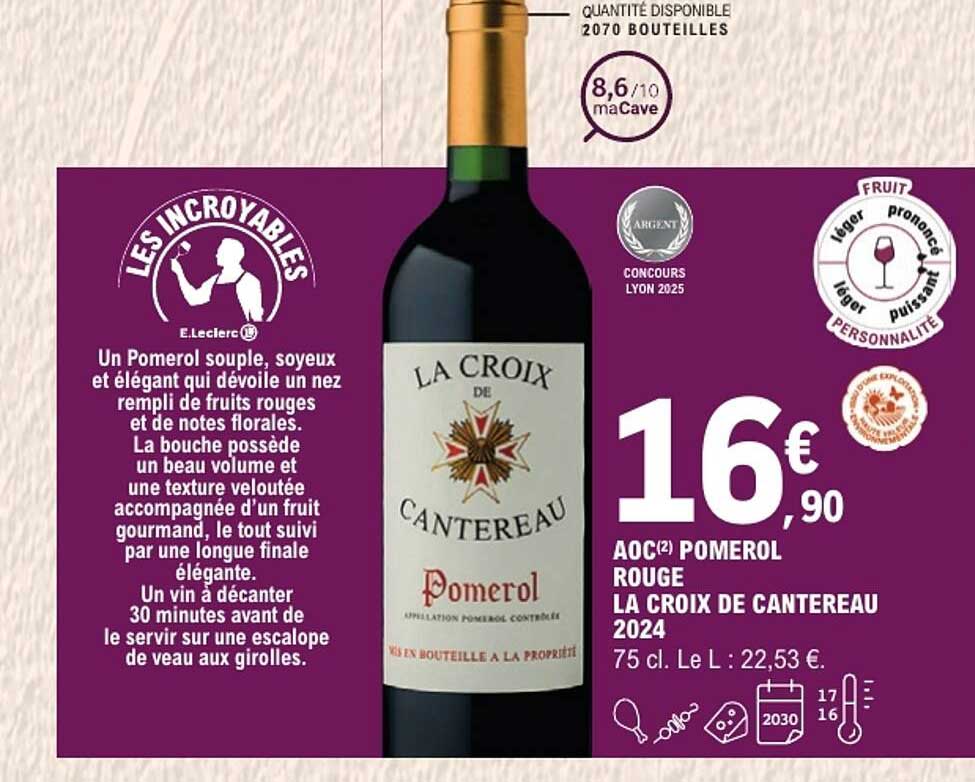 AOC(2) POMEROL ROUGE LA CROIX DE CANTEREAU 2024