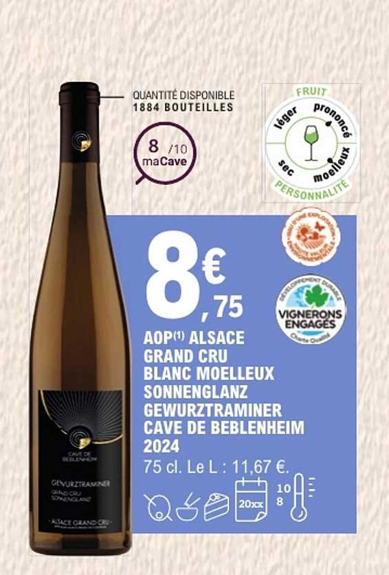 AOP ALSACE GRAND CRU BLANC MOELLEUX SONNENGLANZ GEWURZTRAMINER CAVE DE BEBLENHEIM 2024