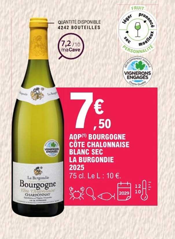 AOP BOURGOGNE CÔTE CHALONNAISE BLANC SEC LA BURGONDIE 2025