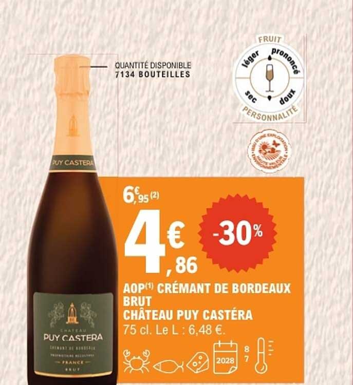 AOP CRÉMANT DE BORDEAUX BRUT CHÂTEAU PUY CASTÉRA 75 cl. Le L : 6,48 €