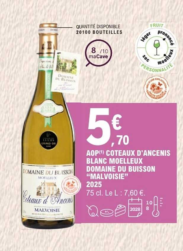 AOP(1) COTEAUX D'ANCENIS BLANC MOELLEUX DOMAINE DU BUISSON “MALVOISIE” 2025