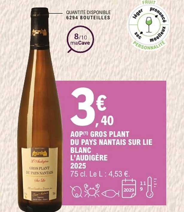 AOP(1) GROS PLANT DU PAYS NANTAIS SUR LIE BLANC L'AUDIGÈRE 2025