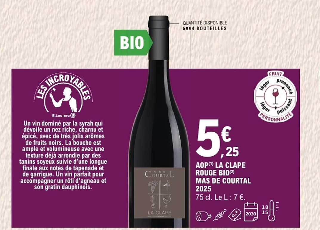 AOP(1) LA CLAPE ROUGE BIO(2) MAS DE COURTAL 2025