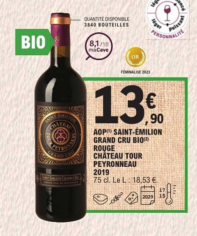 AOP(1) SAINT-ÉMILION GRAND CRU BIO(2) ROUGE CHÂTEAU TOUR PEYRONNEAU 2019
