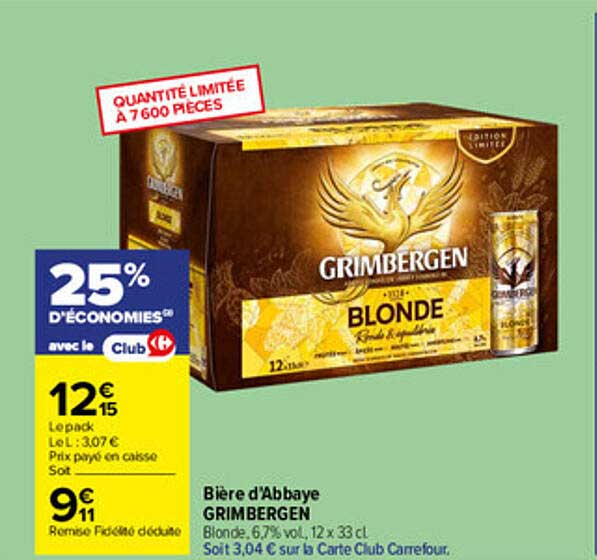 Bière d'Abbaye GRIMBERGEN Blonde, 6,7% vol, 12 x 33 cl