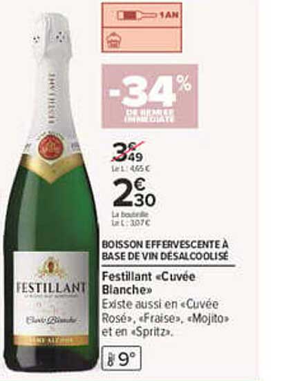 BOISSON EFFERVESCENTE À BASE DE VIN DÉSALCOOLISÉ FESTILLANT «Cuvée Blanche»