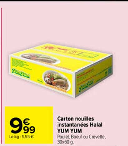 Carton nouilles instantanées Halal YUM YUM Poulet, Boeuf ou Crevette, 30x60 g.