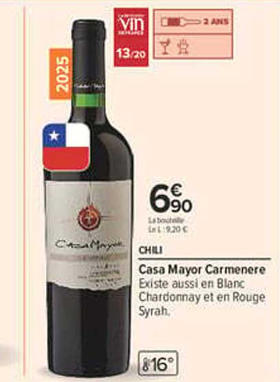 Casa Mayor Carmenere Existe aussi en Blanc Chardonnay et en Rouge Syrah.