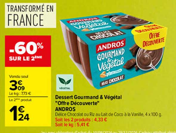 Dessert Gourmand & Végétal "Offre Découverte" ANDROS Délice Chocolat ou Riz au lait de Coco à la Vanille, 4 x 100 g
