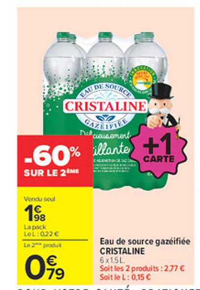 Eau de source gazéifiée CRISTALINE 6 x 1,5 L. -60% SUR LE 2ÈME +1 CARTE