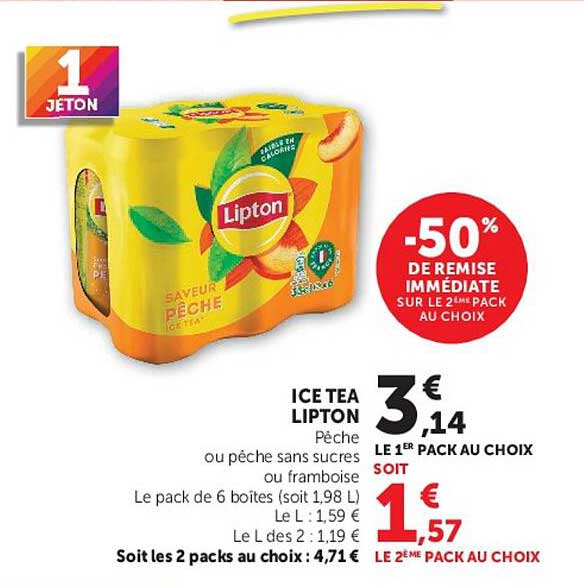 ICE TEA LIPTON Pêche ou pêche sans sucres ou framboise