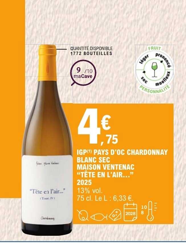 IGP(1) PAYS D'OC CHARDONNAY BLANC SEC MAISON VENTENAC “TÊTE EN L'AIR...” 2025