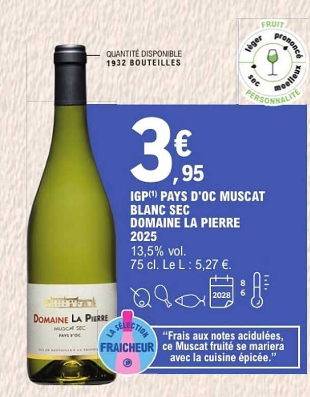 IGP(1) PAYS D'OC MUSCAT BLANC SEC DOMAINE LA PIERRE 2025