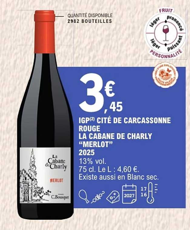 IGP(2) Cité de Carcassonne rouge La Cabane de Charly “Merlot” 2025
