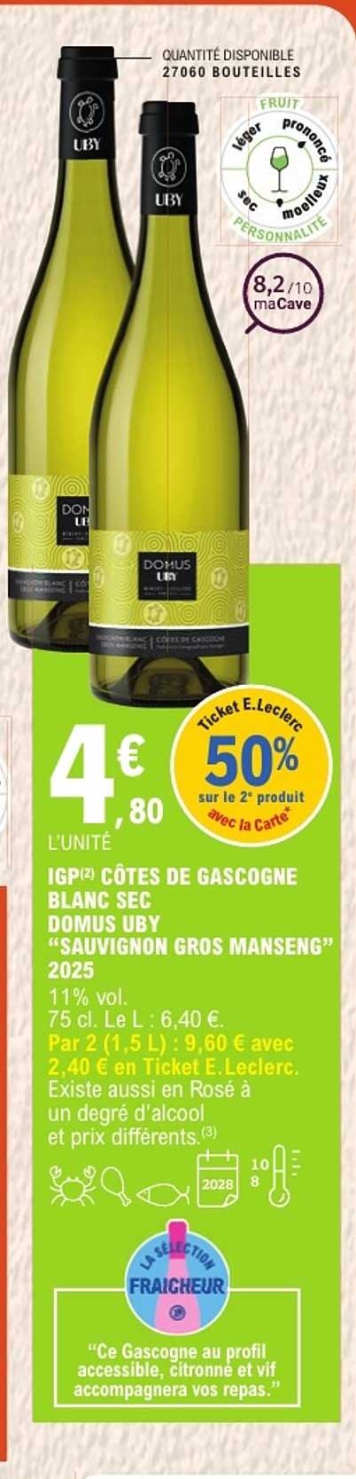IGP(2) Côtes de Gascogne blanc sec Domus Uby “Sauvignon Gros Manseng” 2025