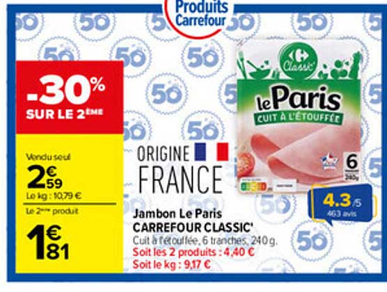 Jambon Le Paris CARREFOUR CLASSIC' Cuit à l'étouffée, 6 tranches, 240g.