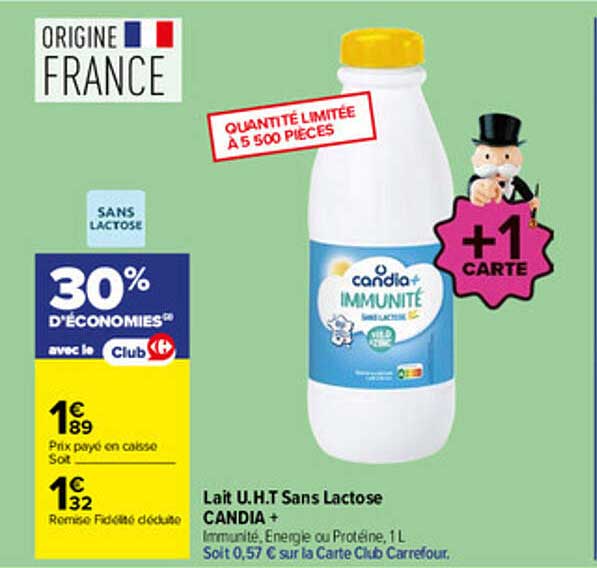 Lait U.H.T Sans Lactose CANDIA + Immunité