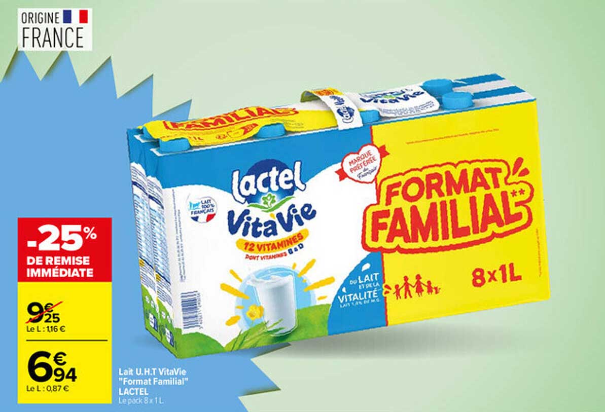 Lait U.H.T Vitaviie "Format Familial" LACTEL Le pack 8 x 1 L