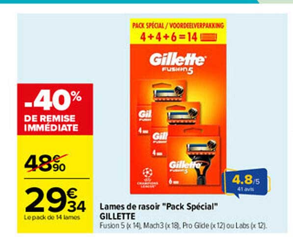 Lames de rasoir "Pack Spécial" GILLETTE Fusion 5 (x14), Mach3 (x18), Pro Glide (x12) ou Labs (x12)