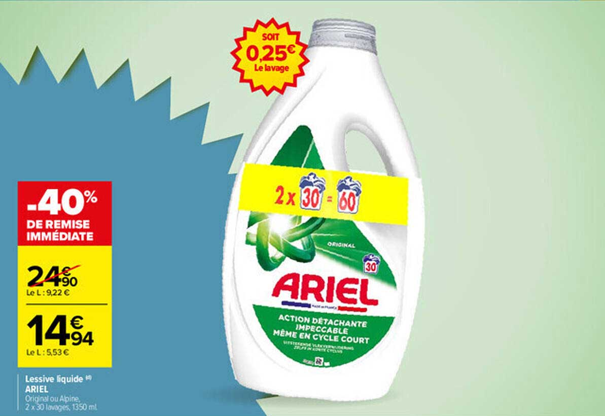 Lessive liquide ARIEL Original ou Alpine, 2 x 30 lavages, 1350 ml