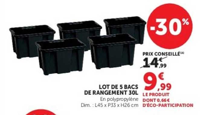 LOT DE 5 BACS DE RANGEMENT 30L