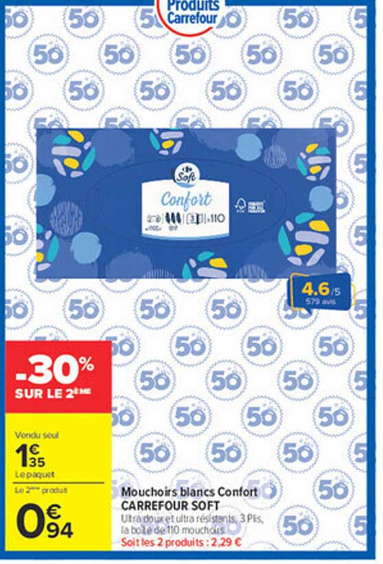 Mouchoirs blancs Confort CARREFOUR SOFT