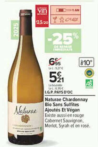 Natureo Chardonnay Bio Sans Sulfites Ajoutés Et Vegan
