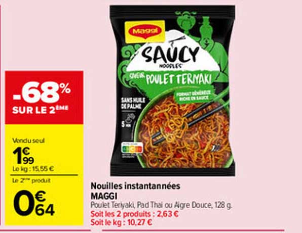 Nouilles instantanées MAGGI Poulet Teriyaki, Pad Thaï ou Aigre Douce, 128 g