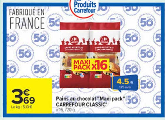 Pains au chocolat “Maxi pack” CARREFOUR CLASSIC’ x16, 720 g