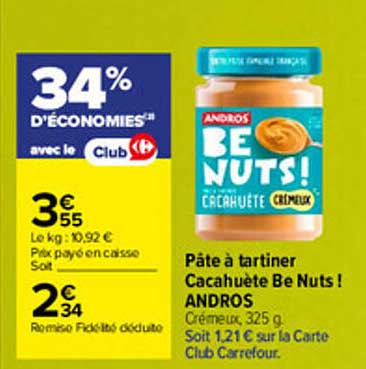 Pâte à tartiner Cacahuète Be Nuts ! ANDROS Crémux, 325 g