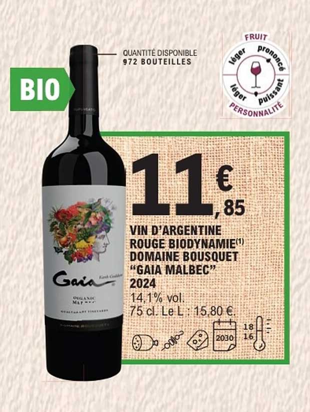 VIN D'ARGENTINE ROUGE BIODYNAMIE DOMAINE BOUSQUET "GAIA MALBEC" 2024